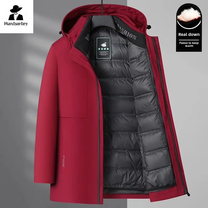

2025 Men's Business Casual Down Jacket with 90% Goose Down Filling Detachable Down Lined Hood Solid Color Warmth Coat