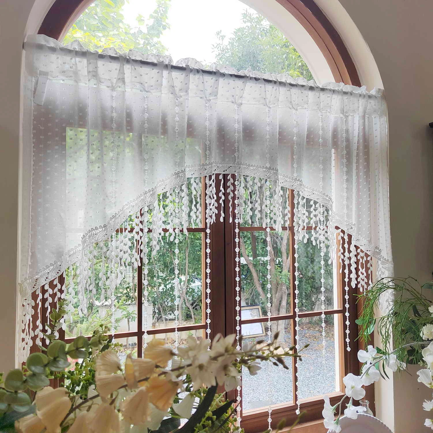 Boho Chic Beaded Curtain - Glam Style Polka Dot Tulle wtih Tassels Plastic Beads, Sparkling Doorway Divider for Living Room