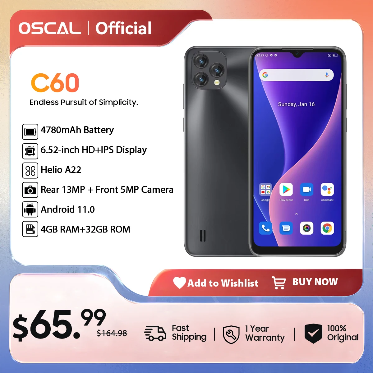 Smartphone OSCAL C60, tela HD + IPS de 6,5 polegadas, Helio A22, 4 GB + 32 GB, 4780 mAh, 13 MP + 5 MP Câmera Celular com Android 11