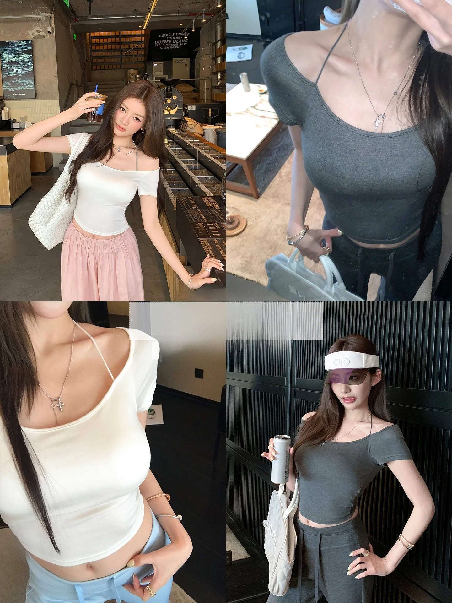 

Earth Store Sexy Pure Desire Shoulder Bared Silk Neck T-Shirt with Chest Pad Thin White Top Design Sensual Korean Style Women