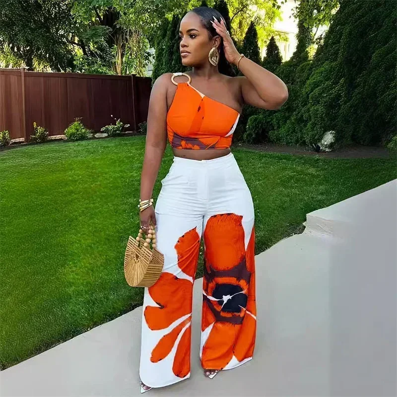 Floral Print Sexy Two Piece Sets Women Sleeveless Skew Collar One Shoulder Crop Top and High Waist Loose Wide Leg Pants Outfits