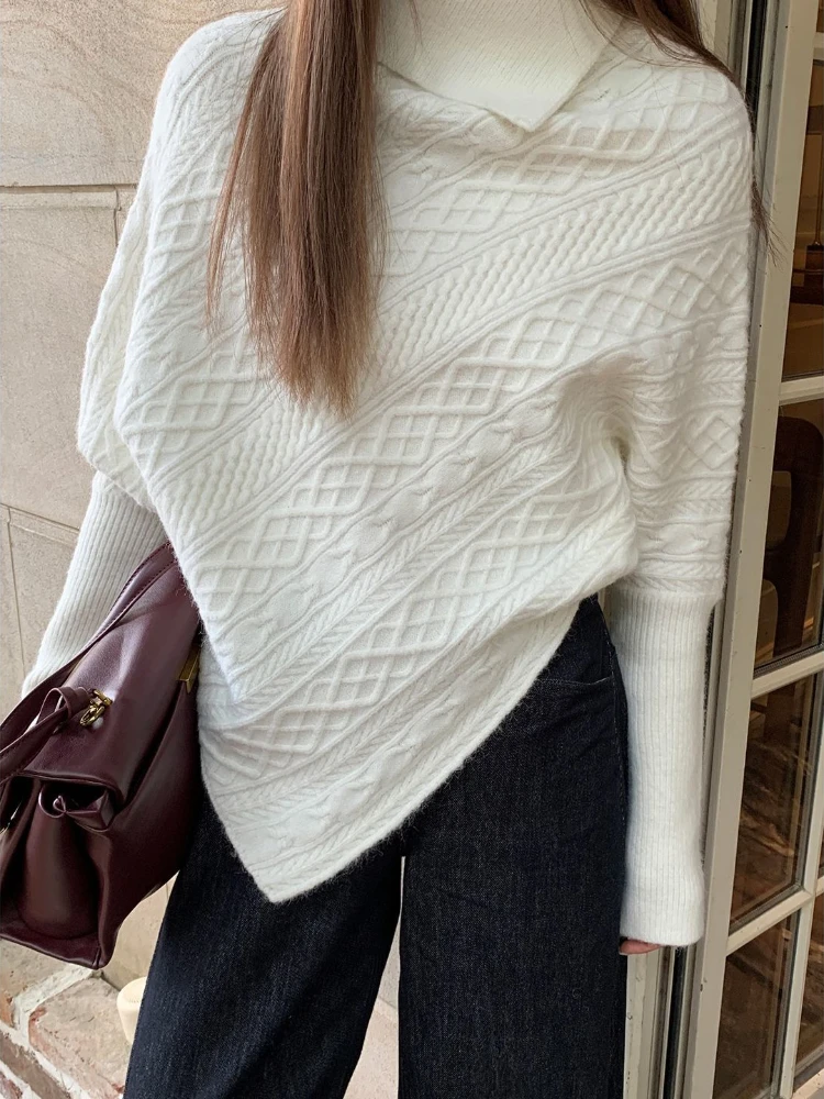 

French Elegant Irregular Knitted Sweater Harajuku Y2k Casual Solid Pullover Long Sleeve Korean Fashion Tops Woman Chic