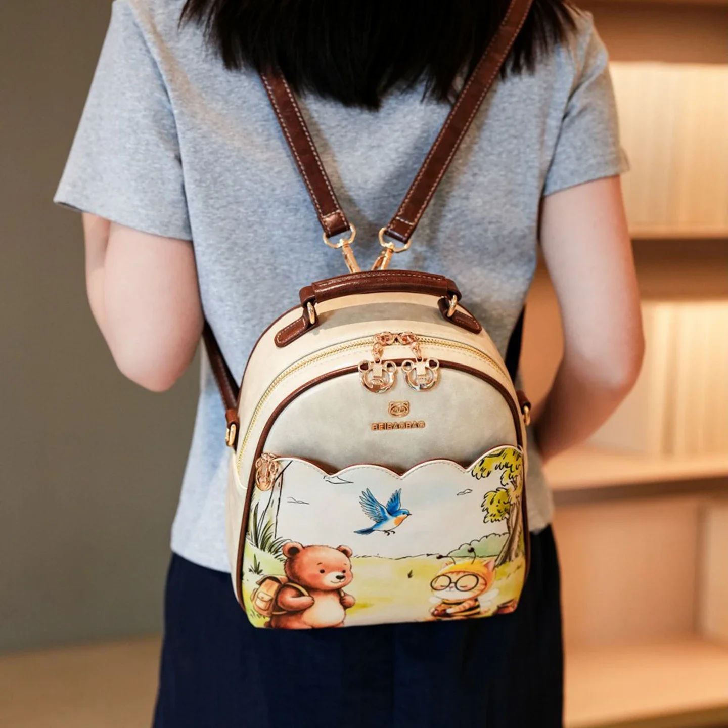 Cute Cartoon Animal Print Convertible Backpack Women Wear As Shoulder & Crossbody Bag Suitable Adults And Teenagers Daily School