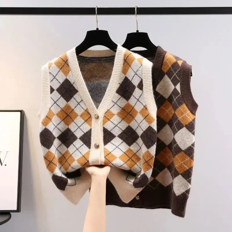 

Женский модный винтажный классический кардиган-жилет в стиле Y2K с узором аргайл, однобортный, с V-образным вырезом, без рукавов, свободный, вязаный жилет