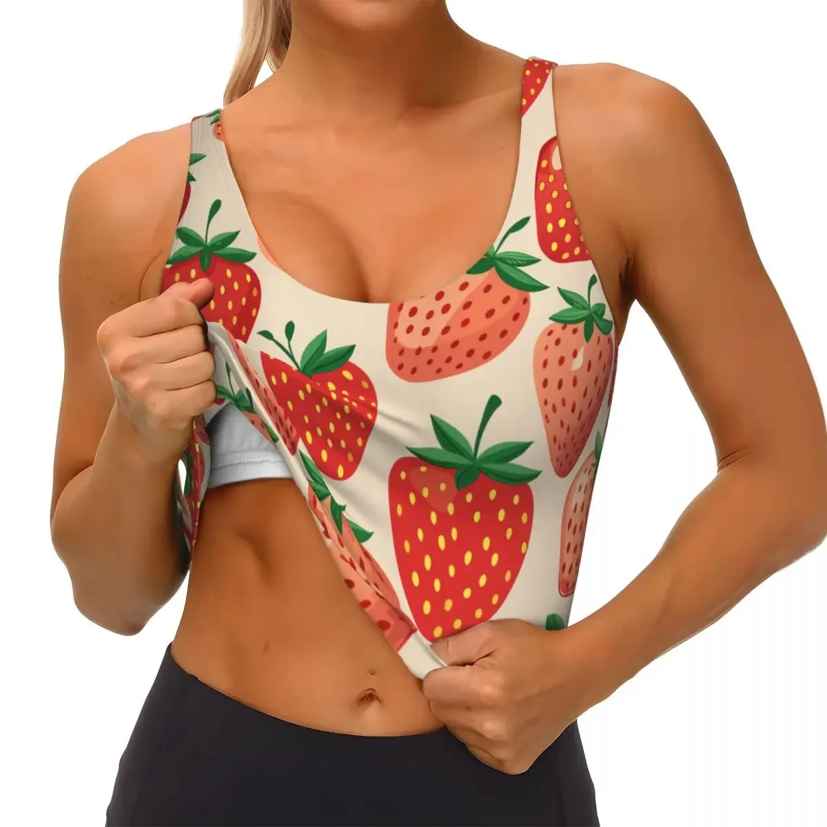 Sport-BH für Damen, zum Laufen, Yoga, Kleidung, Weste, Erdbeermuster, Raffung, Fitnessweste