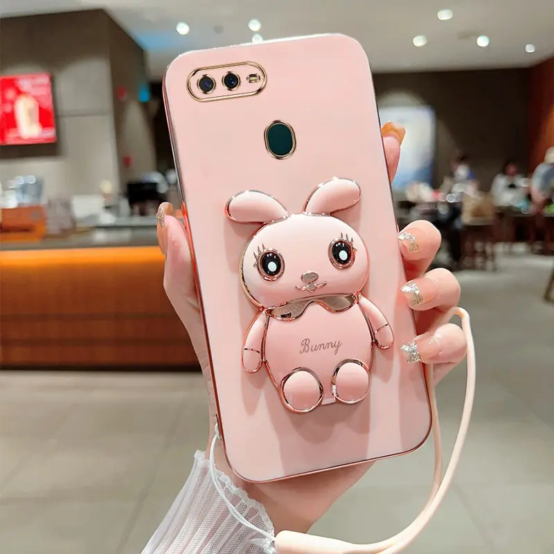 Phone Case For Oppo A7 2018 Oppo A5S Oppo A12 Oppo A7N Oppo A11K Luxury Plating Square Rabbit Holder With Landyard Case Cover