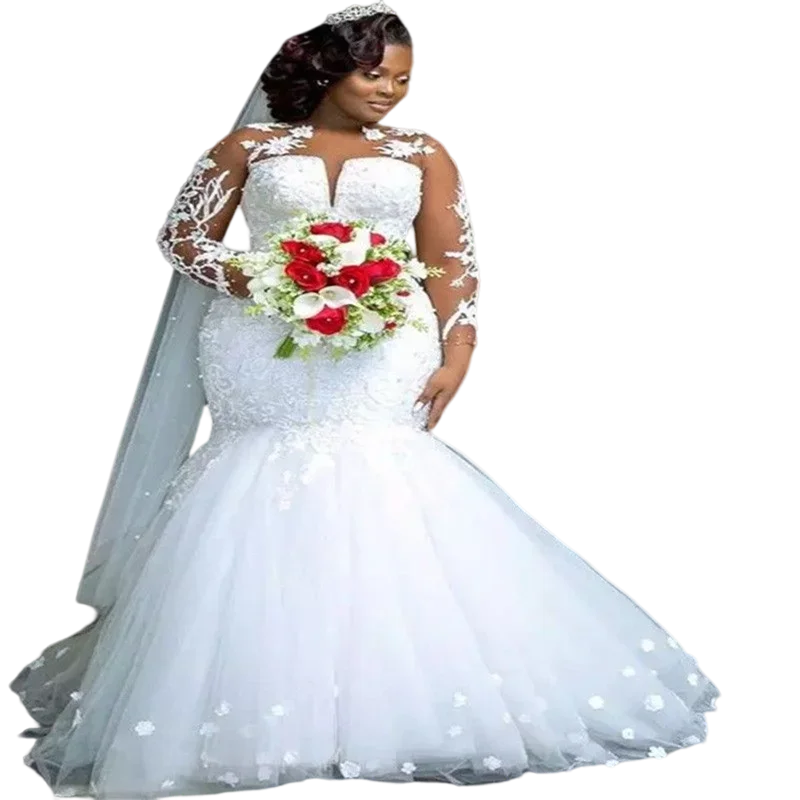 

Customized Mermaid Wedding Dresses African Jewel Neck Full Lace Applique Crystal Beads Pearls Long Sleeves Hand Made Flowers Bri