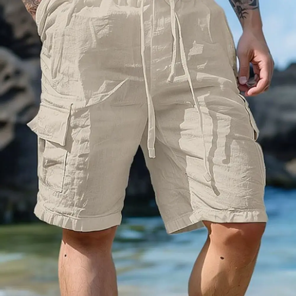 Mens Cotton Linen Shorts Casual Summer Breathable Beachwear Elastic Waist Drawstring Solid Color Straight Leg Loose Fit Pants