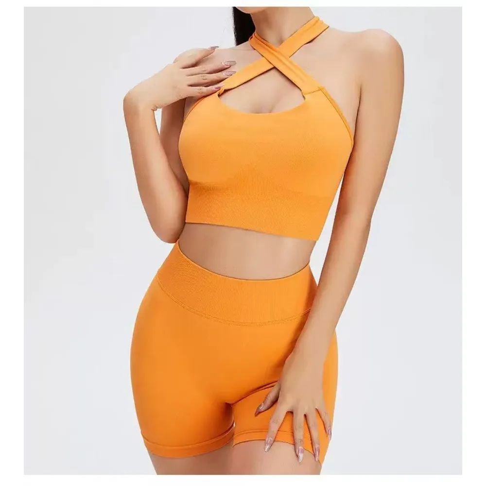 2Pcs Yoga Sets Naked Feel Gym Set Women Workout Clothes High Waist Yoga Shorts And Strappy Sports Bra Short Sets Summer