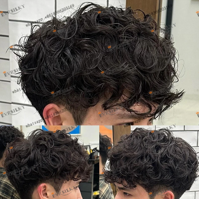 Durable 28mm Curly Men Hair Pieces System Prosthesis Capillary Natural Hairline Human Hair Men Toupee Full Skin PU Base Wig