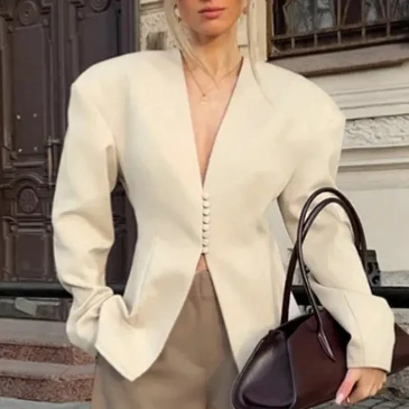 

Весенне-осенняя женская туника с V-образным вырезом, однотонная, базовая, с разрезом, длинным рукавом, на пуговицах, минималистичная, приталенная, женская одежда