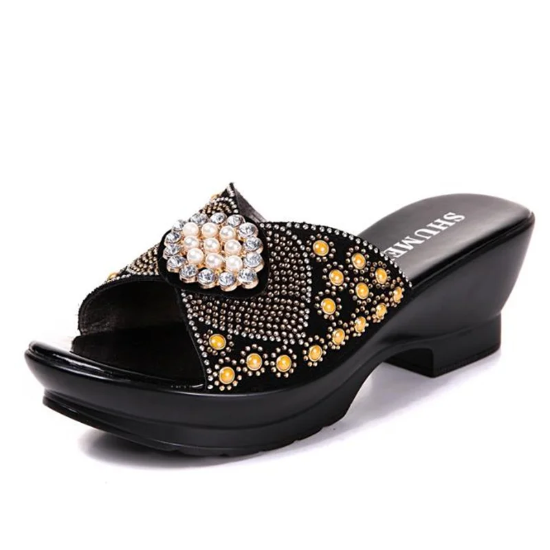 Women sandals  Ladies Summer Slippers Shoes Women High Heels Fashion Rhinestone Summer Shoes Genuine Leather size 35--40