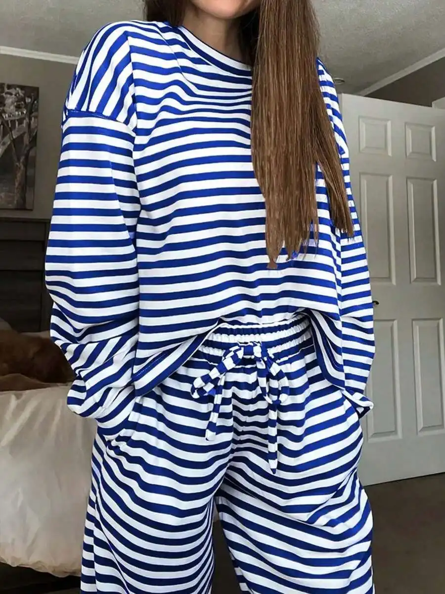 2-Piece Striped Pajama Set Crew Neck Top And Pants Casual Comfortable Sleepwear