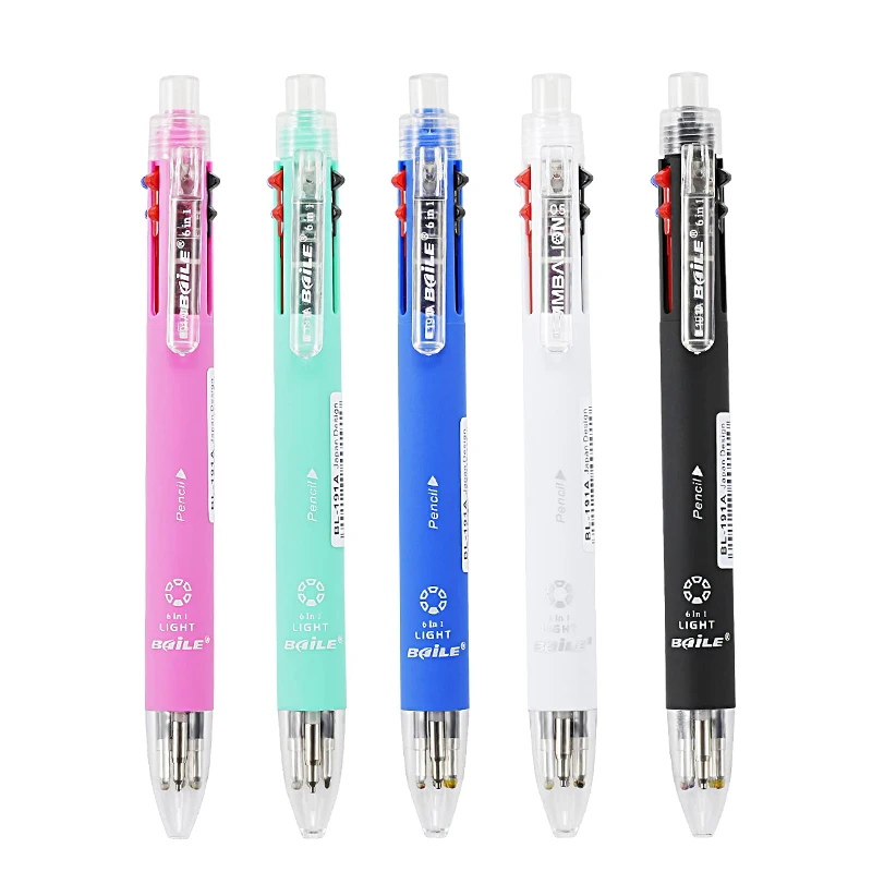 1 Piece 6 in 1 Multicolor Ballpoint Pen 5 Colors Ball Pen 1 Automatic Pencil Top Eraser for Marking Writing Office School Supply