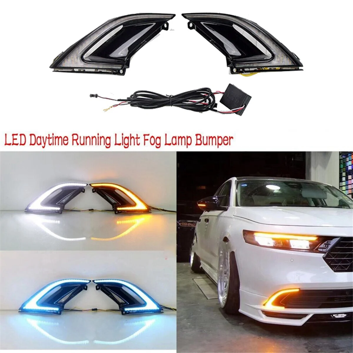 

For Honda Accord 23-24 Front Bumper Fog Lamp LED White DRL Daytime Running Light+Yellow Turn Signal Lamp