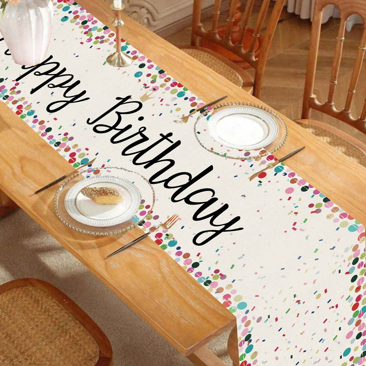 Geburtstags-Tischläufer, Leinen-Tischläufer, alles Gute zum Geburtstag, Dekoration, farbige Flecken, Geburtstagstischdecke, Kindergeburtstagszubehör