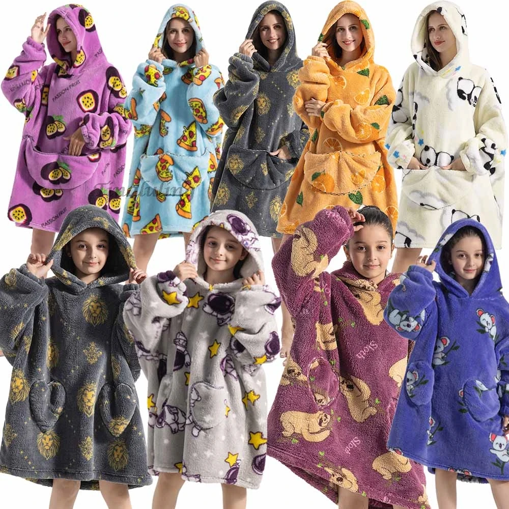 Winter Warm Flannel Teenager Women Men Bathrobe Wearable TV Blankets Super Long Sherpa Kids Robes Family Look Clothes Pajamas