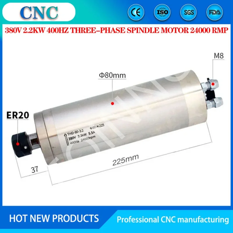 Ac380v 5.5a 2.2kW engraving CNC spindle motor φ80 × 225mmer20 400Hz 24000rpm water-cooled four-bearing THD-80-2.2