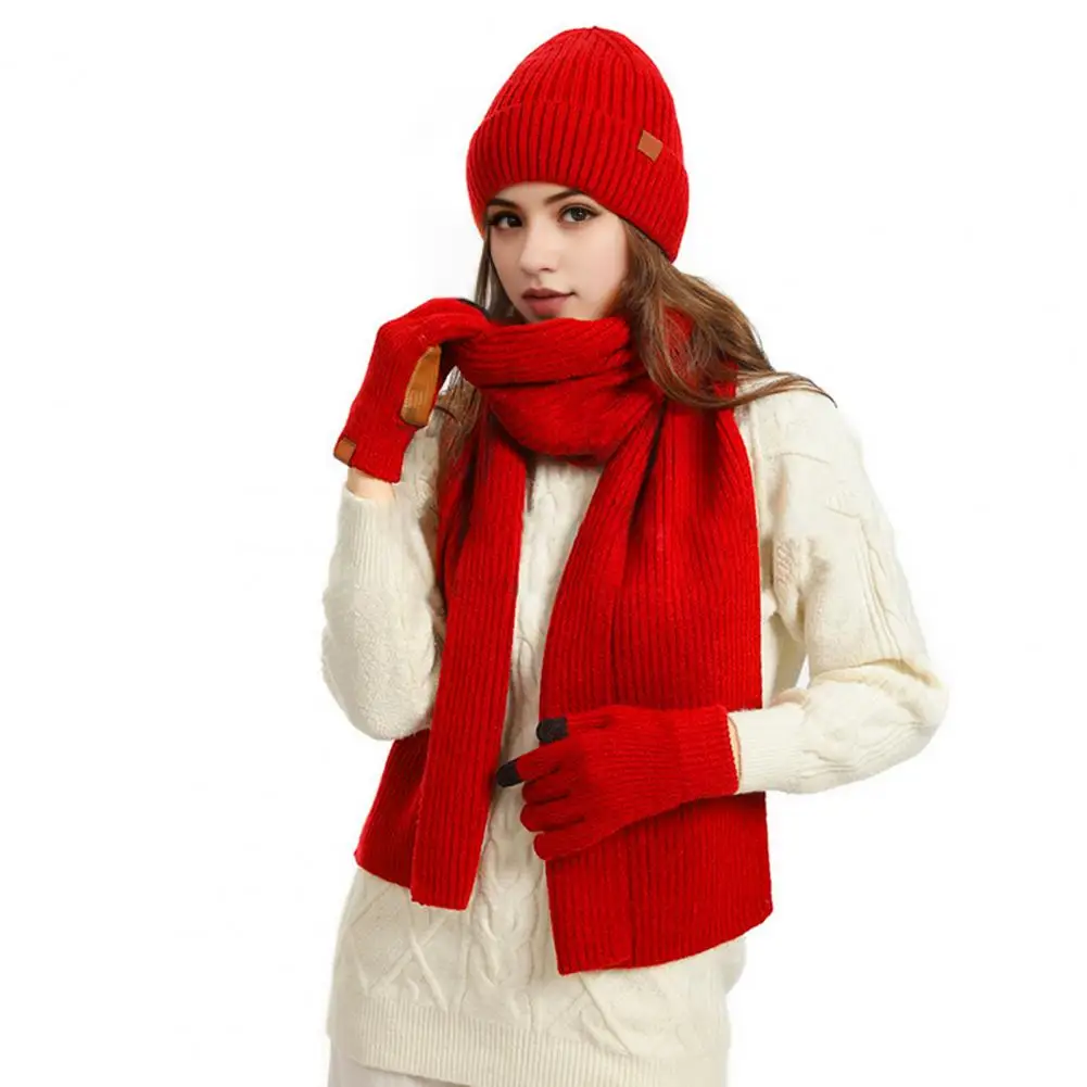 3 Pcs/Set Winter Beanie Scarf Gloves Set Thick Knitted Warm Cap Gloves Elastic Ear Windproof Cycling Neck Warp Set