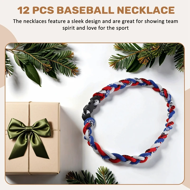 12Pcs Baseball Necklace 18Inch, Team Gift For Baseball Funs (Red, Blue, White)