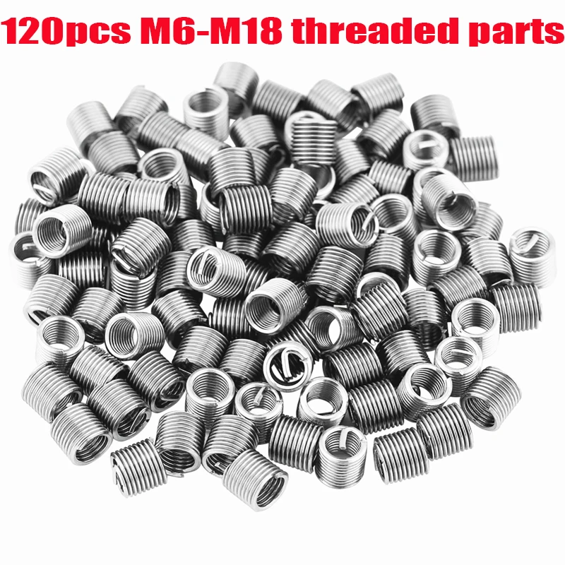 

120pcs Wire Screw Threaded Insert Stainless Steel Threaded Bushing Sleeve Helicoil Thread Repairing Tool M6-M18 Insert Kit Set