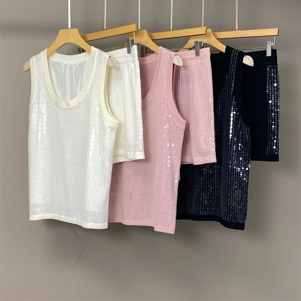 

Women's Pants Suit V-neck Sequin Sleeveless Tank And Drawstring Shorts 2-Piece Set