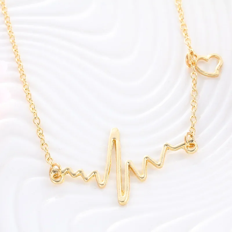 ECG Heart Rate Pendant Necklaces for women Golden Alloy Metal Clavicle Necklaces Geometric Party Fashion Jewelry Wholesale Gift