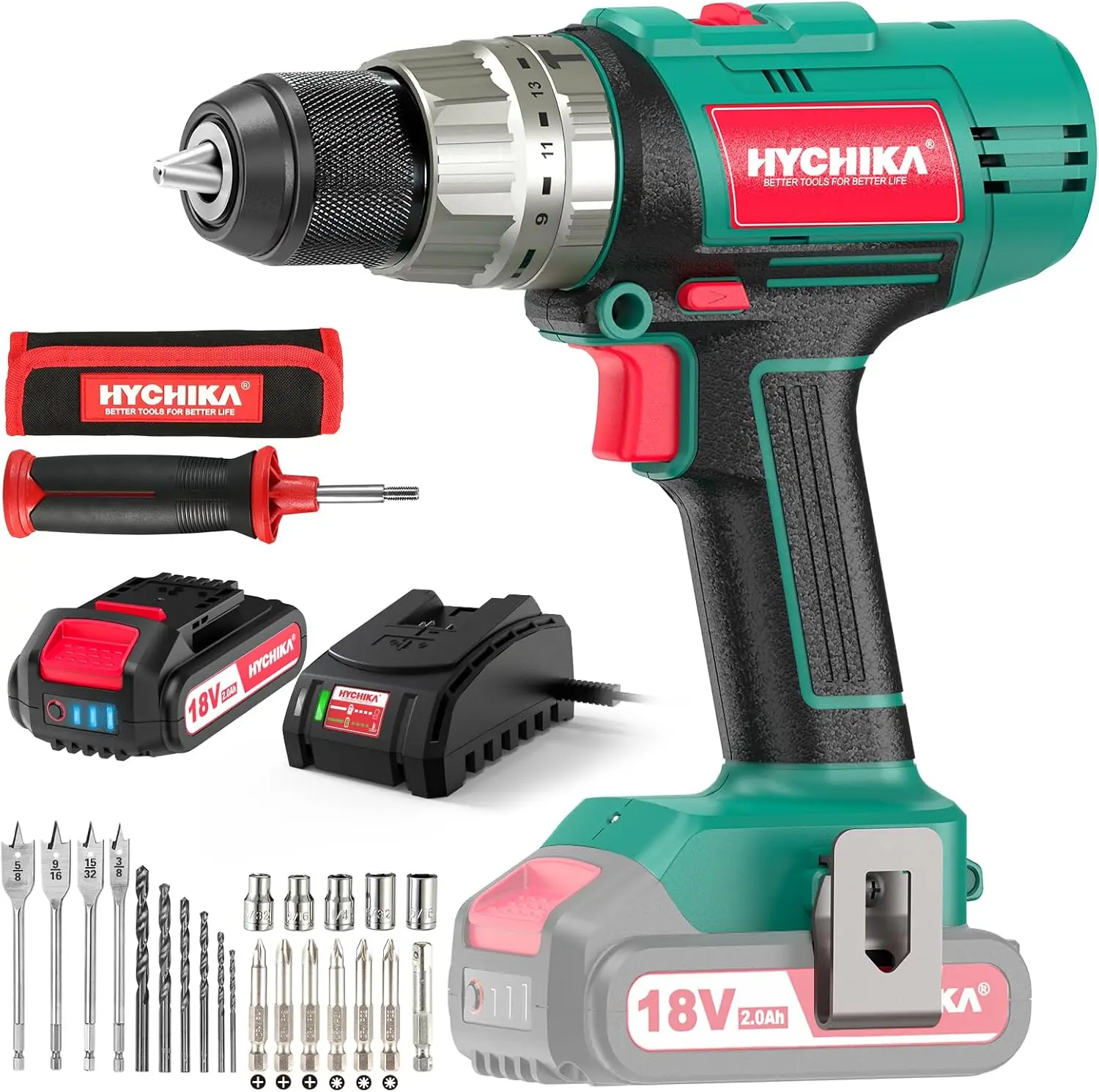 

18V Cordless Hammer Drill Driver with 400 In-lbs Torque, 1/2" Metal Chuck, 2.0Ah Battery, Fast Charger & LED Light