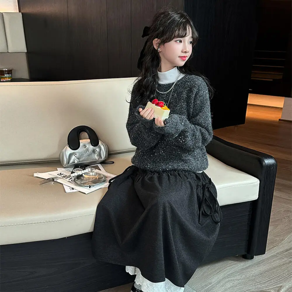 

Kawaii модный свитер с круглым вырезом для девочек, топы, юбка, студенческий осенний повседневный трикотаж, платье принцессы, комплект из 2 предметов, детская одежда