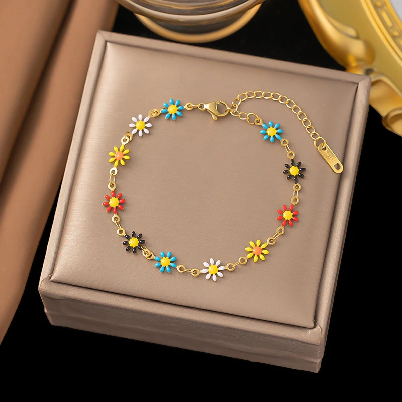 316L Stainless Steel New Fashion Fine Jewelry Refreshing 5 Colors Daisies Flower Charm Chain Choker Necklaces Bracelet For Women