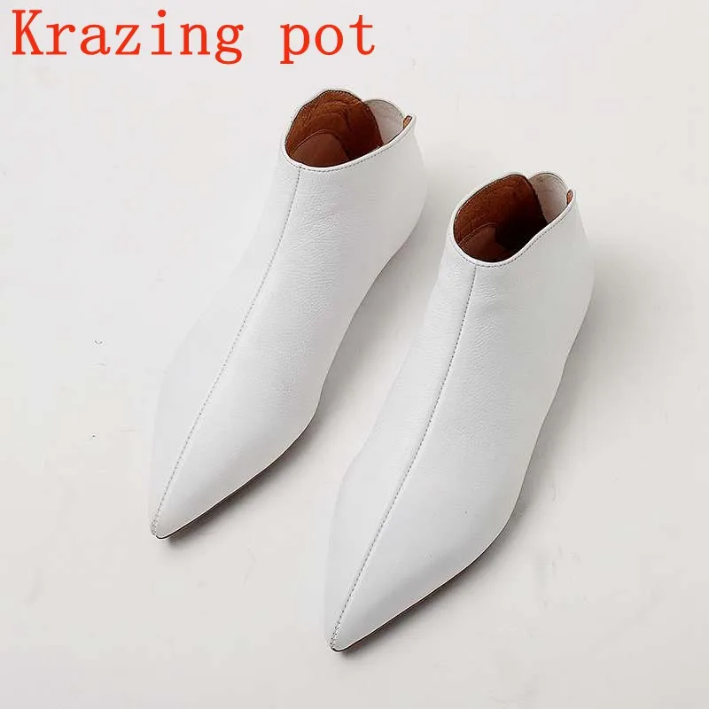 Krazing Pot Big Size Full Grain Leather Soft Winter Spring Shoes Modern Girl Pointed Toe Slip on Flats Office Lady Pregnant Shoe