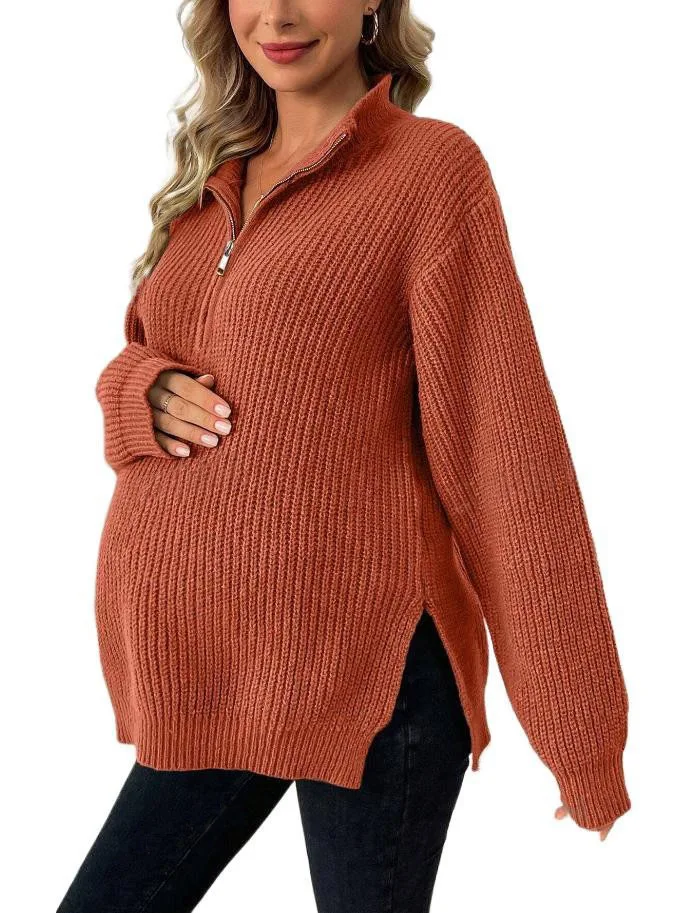 American Vintage Fashion Knitted Sweaters Maternity Zipper Up Side Split Oversize Loose Tops for Pregnant Women Autumn Pregnancy