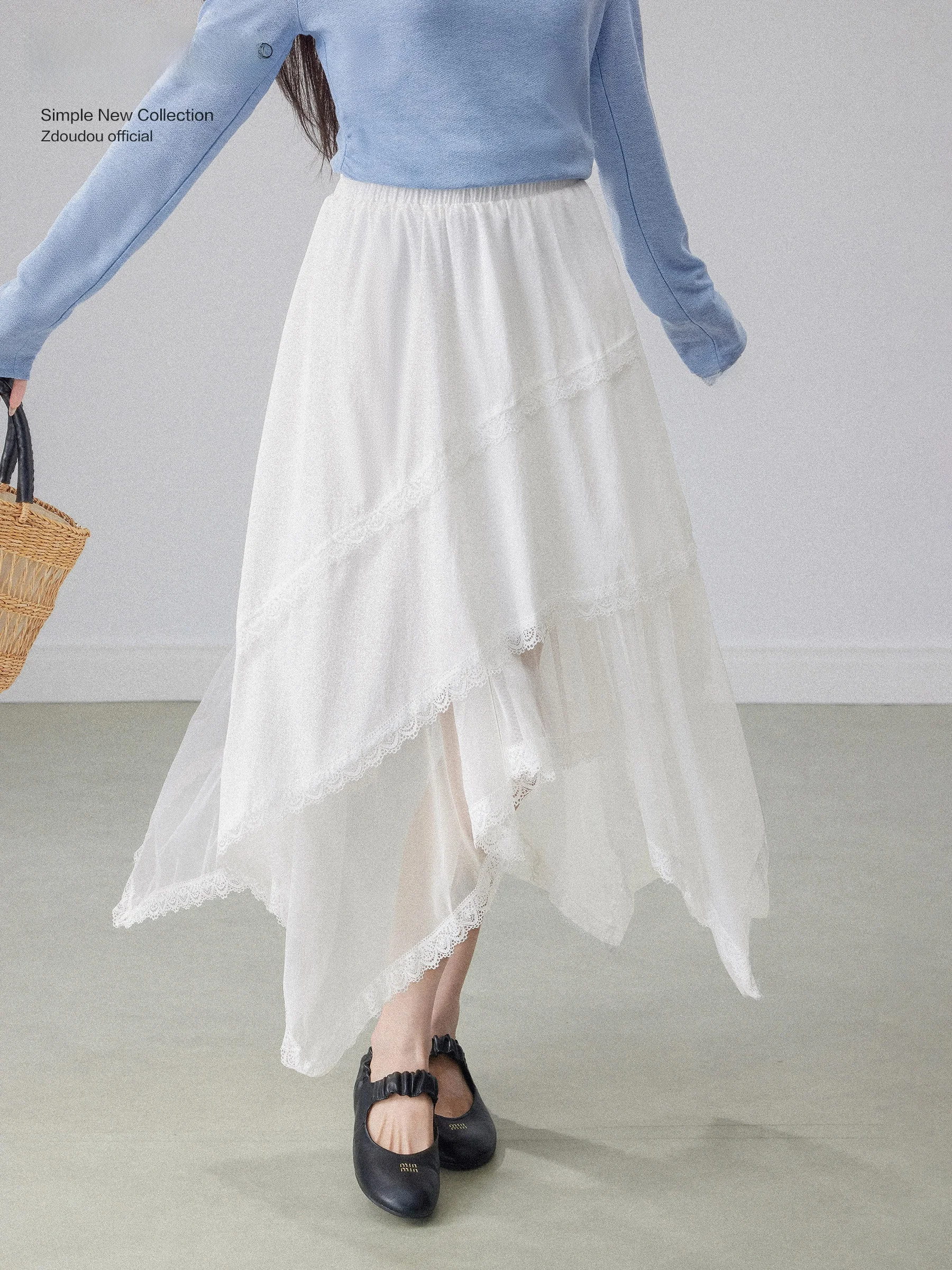 

Юбка миди А-силуэта с высокой талией, асимметричным кружевным декором и вставками, женская, универсальная, весенняя, в китайском стиле, премиум-качество