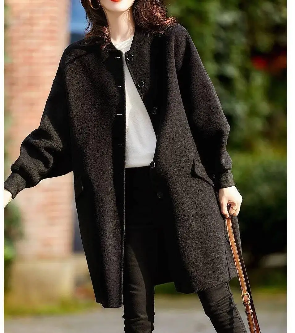 

Wool Blend Coats Womens Woolen Coat Double Collar Winter Herringbone Ribbed Buttoned Foldable Sided Snap Closure Cropped Commute