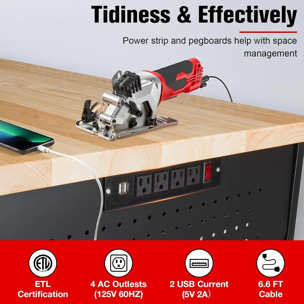 Adjustable Heavy Duty 2000 LBS Workbench with Drawers, Large Pegboard, and Strip Lighting for Garage Use