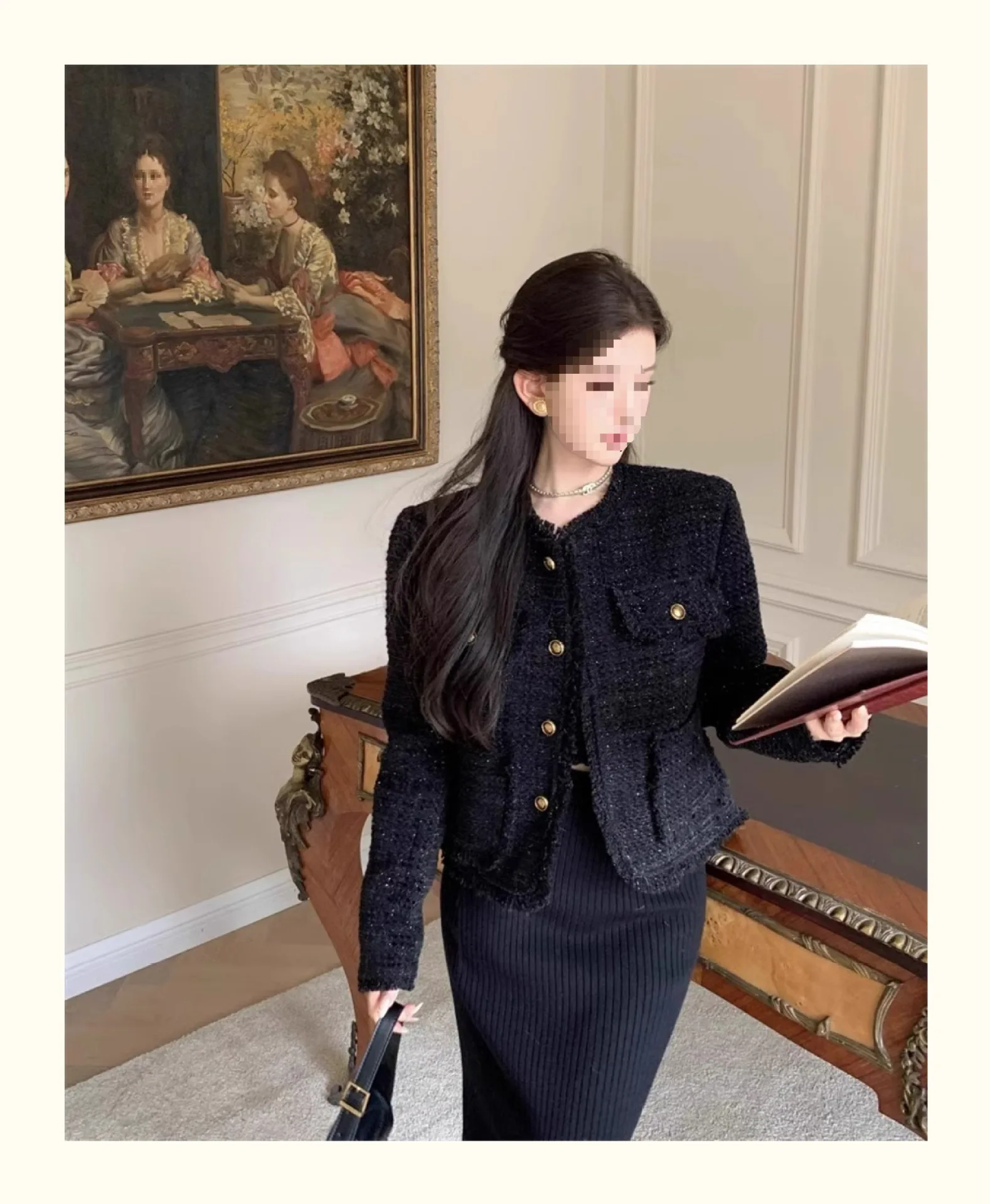 트위드 재킷 크림 여성용 여름 실크 리본 섬세한 태슬 탑 셔츠 러플 웨스턴 스타일 허리 슬림핏 주름 반짝이는 라이트 인