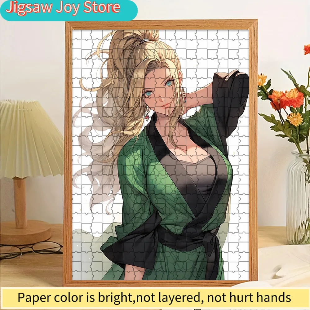 

Бумажная головоломка Ино Яманака, элегантная иллюстрация персонажа аниме Наруто: блондинка в зеленом кимоно с черной отделкой, современный дизайн.