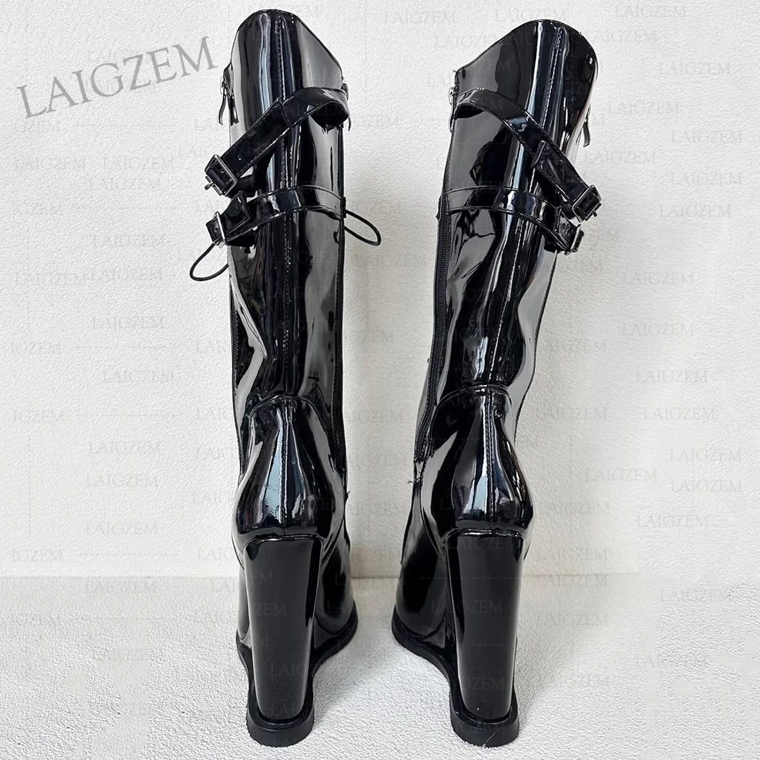 ZHIMA Women Knee High Boots Platform Wedges Side Zip Shiny 13CM Heel Height Tall Boots Ladies Shoes Woman Big Size 41 43 45 52