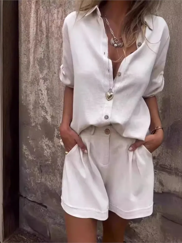 

Women Casual Solid Two Piece Sets Fashion Short Sleeve Button Shirt Tops Set Lady Shorts 2 Piece Sets Womens Clothing Summer New