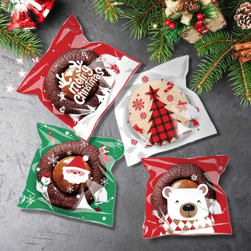 100pcs Christmas Cookie Candy Bags Self Adhesive Gift Packaging Biscuit Snack Bag New Year 2024 Noel Navidad Xmas Party Decor