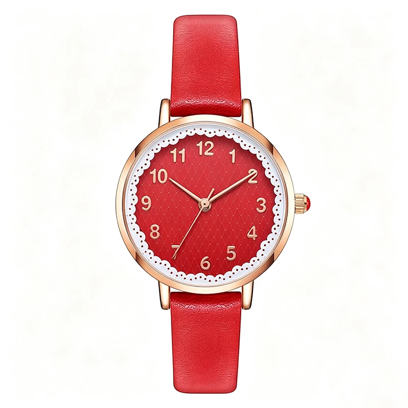 FIDI Women Quartz Watch Lace Dial Red PU Leather Strap 30MM Small Dial Japanese 2035 Movement 30M Waterproof Ladies Reloj Mujer