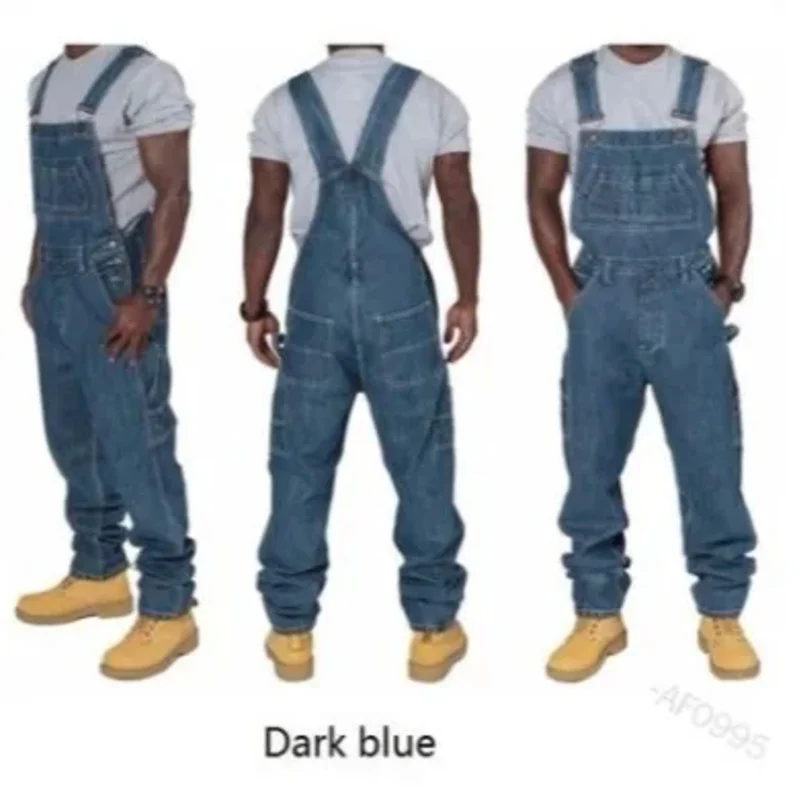 New Men's Denim Cosplay Overalls Casual Multiple Pockets Loose Splice Straight Rompers Fashion Adjustable Suspenders Jeans Male