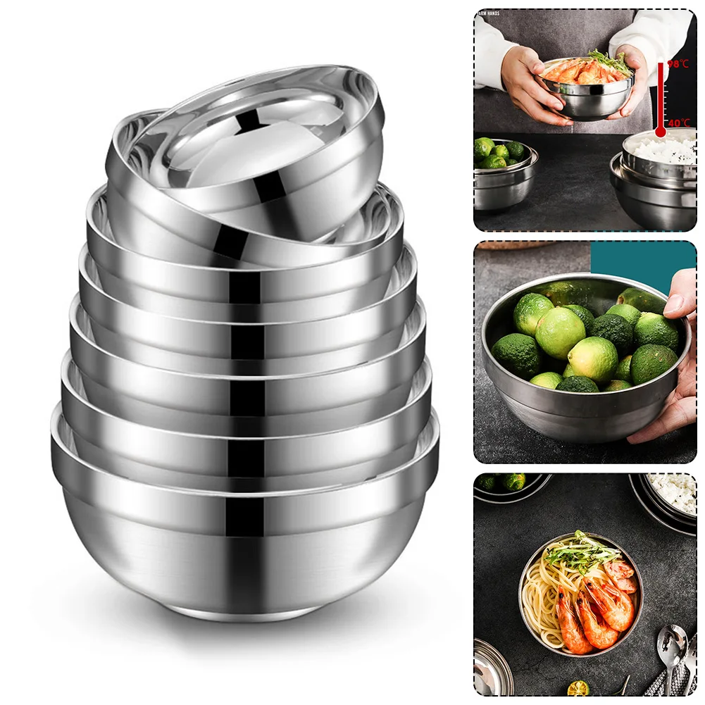 Double Layer Insulation Anti-Rust Stainless Steel Bowl Kitchen Eco-friendly Flatware Salad Bowl Deep Dish Tableware