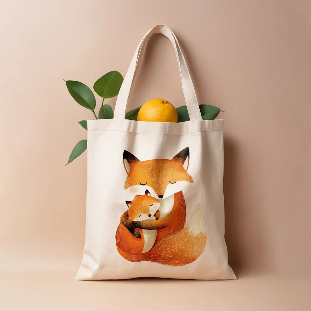 A Fox Family Illustration pattern print canvas tote bag, sui