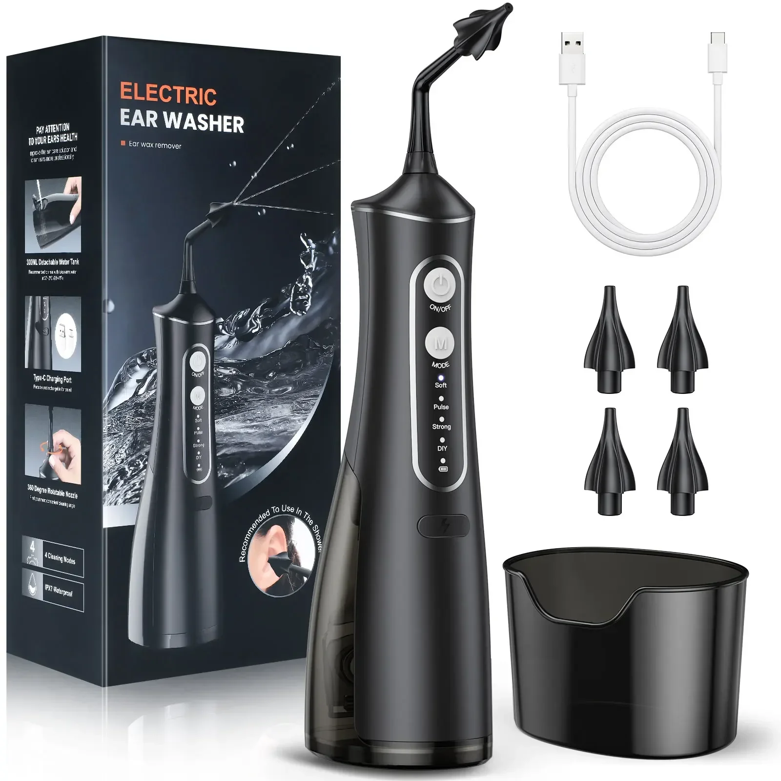 

Electric Ear Washer 300ml Water Tank Home Ear Care 4 Cleaning Modes Portable Ear Cleaner Rinse Earwax Remover