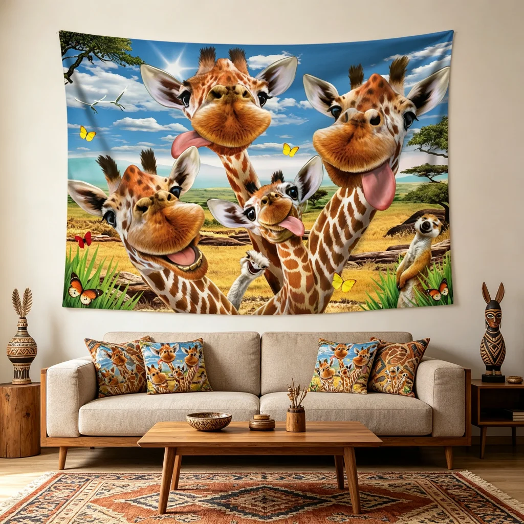 1PC Giraffe African Savanna Art Print Backdrop Banner, Bedroom Living Room Photo Background, Polyester, Home Decor, Wall Art
