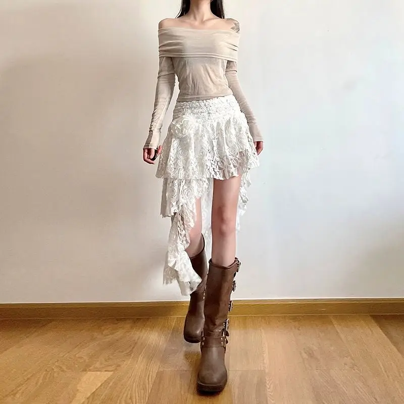 Deeptown Vintage Boho Lace Skirt Women White Asymmetrical Skirts Elegant Fairycore Korean Fashion Tull Irregular Short Mid Skirt