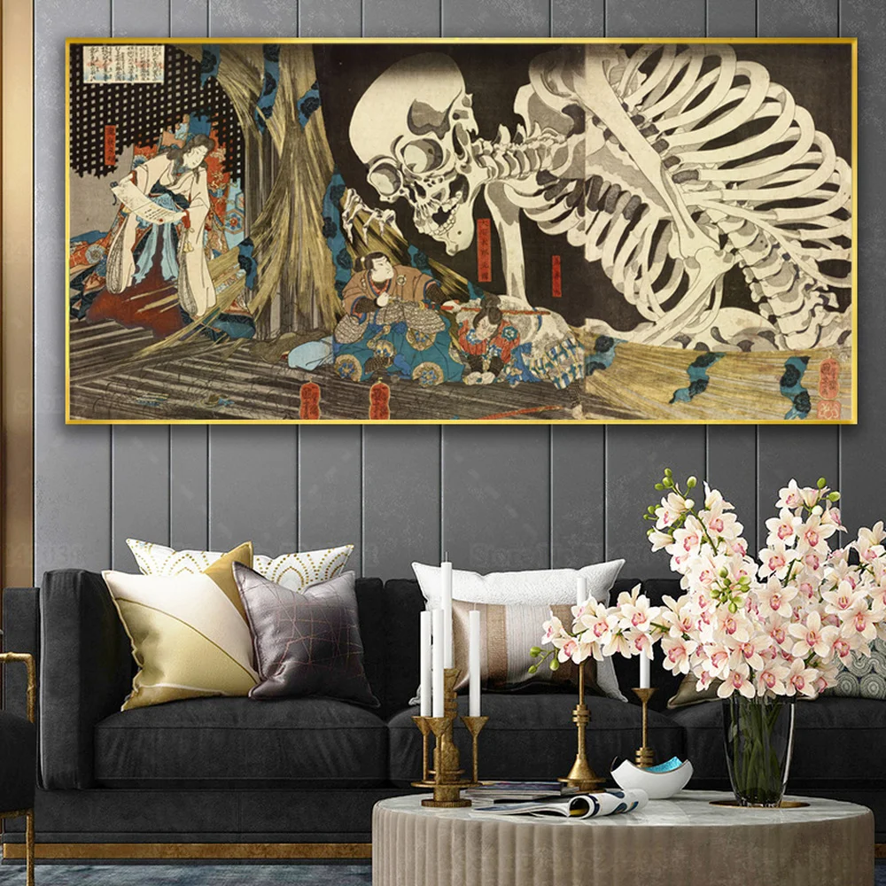 لوحة فنية للساحرة والهيكل العظمي سبيكتر Ukiyo-e لعام 1847 على قماش أوتاغاوا كونيوشي تاكيياشا لوحة جدارية يابانية عتيقة ديكور جدران