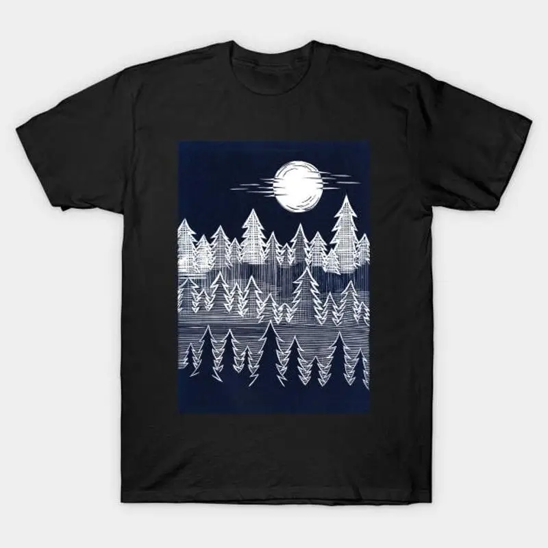 

Misty Moonlit Trees Linocut in Blue and White T Shirt S 5XL Fast Shipping