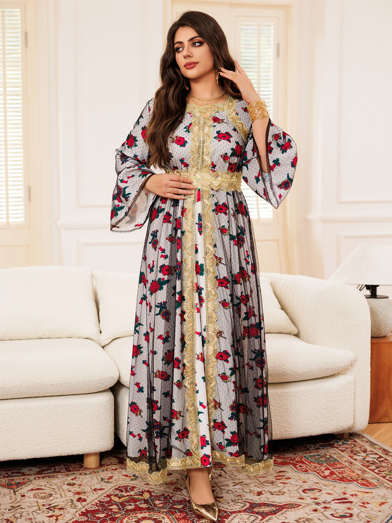 White Mesh Splicing Printed Women\'s Arabian Dresses Abaya Dubai Luxury Skin-friendly Dubai Gilded Muslims Turkish For Party